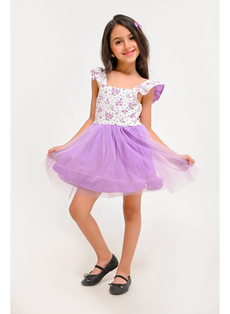 Girls Floral Ruffle Sleeve Tulle Dress - Image 2
