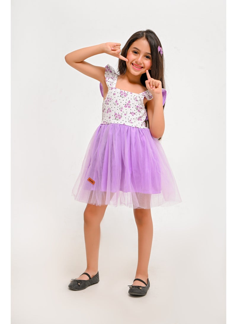 Girls Floral Ruffle Sleeve Tulle Dress - Image 1
