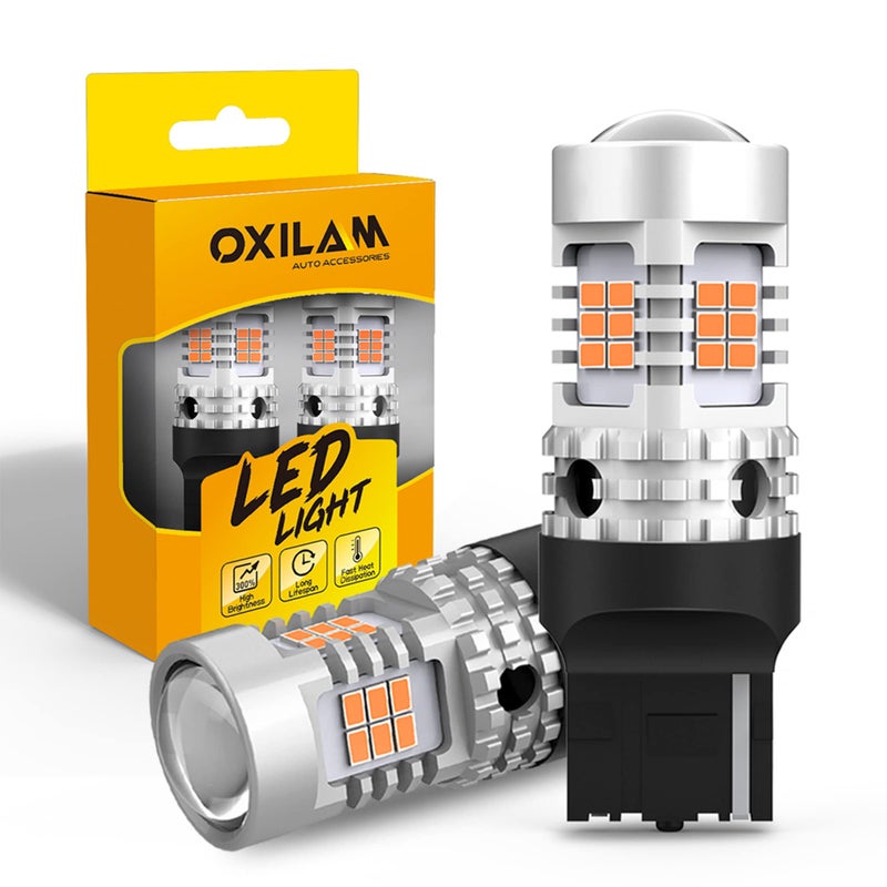 مصابيح LED OXILAM 7440 صفراء كهرمانية 4000LM لإشارات الانعطاف مع مقاوم تحميل مدمج خالي من أخطاء CANBUS T20 7440NA 7441 W21W WY21W بديل لمصابيح الوميض 2PCS