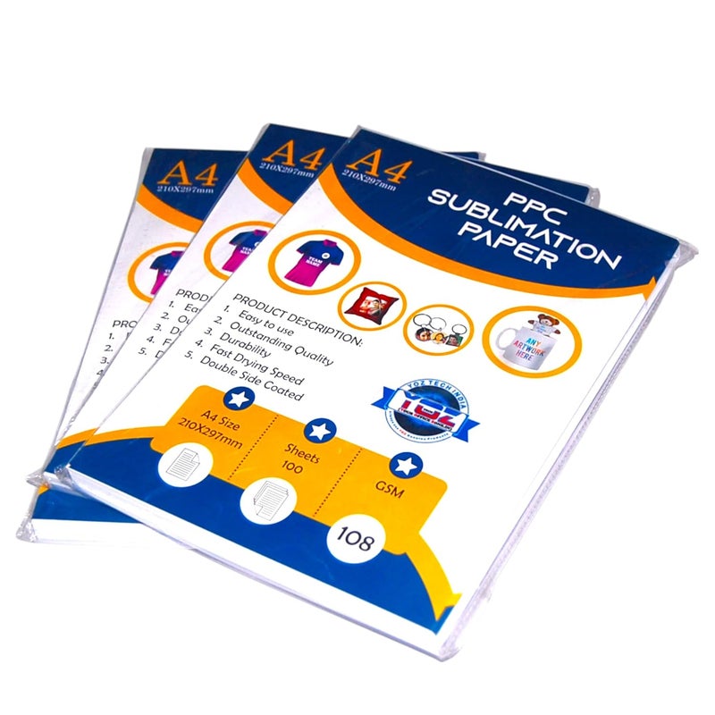 YOZ TECH INDIA Sublimation Heat Transfer Paper - A4 Size (100 Sheets) | Dual-Sided Printable for Vibrant Sublimation Printing on all sublimation Products - Image 1