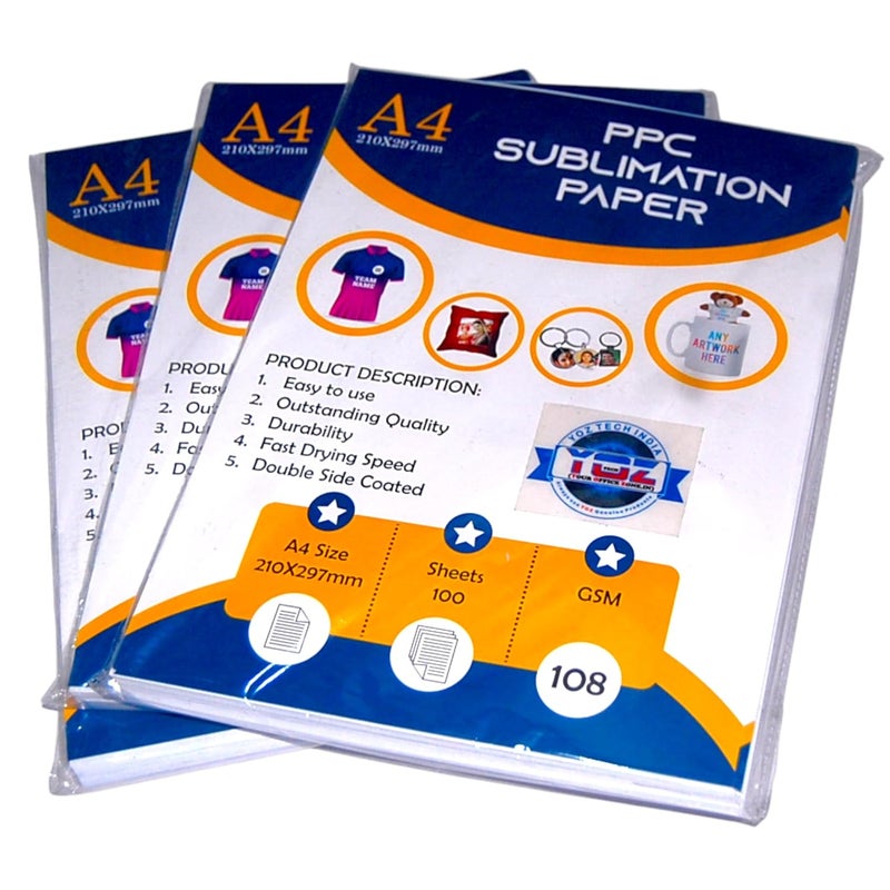 YOZ TECH INDIA Sublimation Heat Transfer Paper - A4 Size (100 Sheets) | Dual-Sided Printable for Vibrant Sublimation Printing on all sublimation Products - Image 2