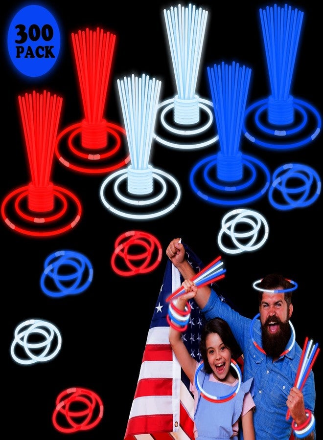 Leetous Bulk Patriotic Red White Blue glow sticks 300 PCS,Light up Bracelets Necklaces Accessories for Kids,Glow Party Favors Supplies Decorations for Independence Day, Fourth 4 of July Parade, Birthday, Pool - Image 1