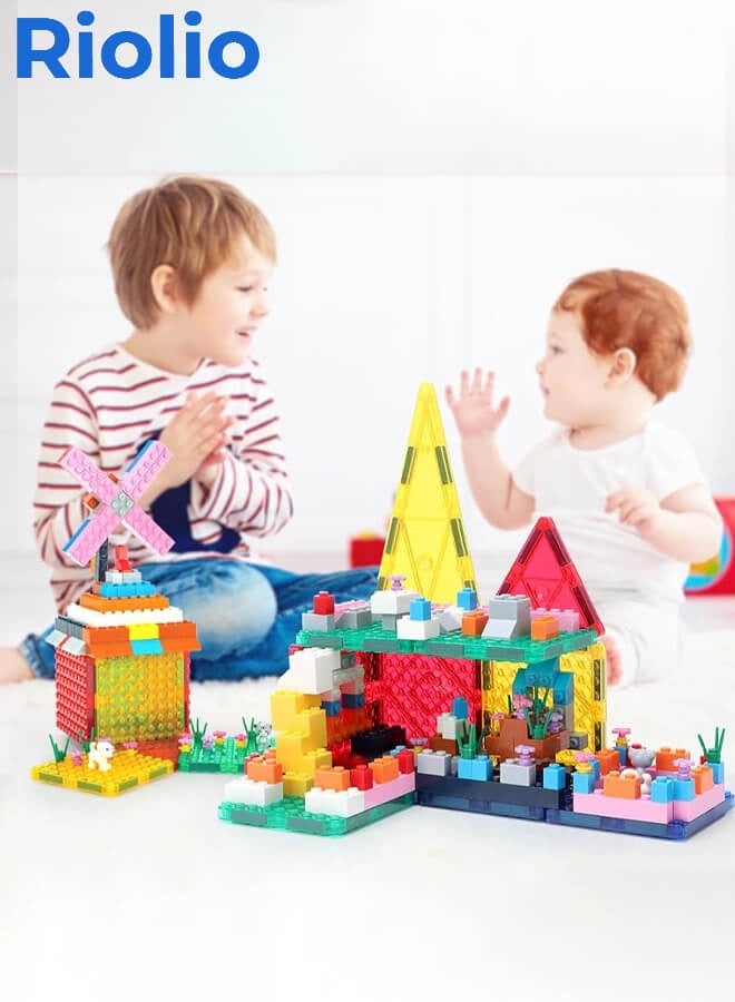 ريوليو مجموعة مكعبات البناء المغناطيسية المكونة من 206 قطعة، بلاطات مغناطيسية بأشكال متنوعة، مناسبة لتنمية المهارات الحركية والإبداع - Image 1