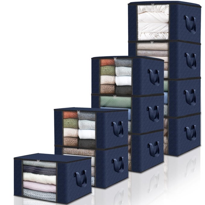 10 PACK CLOTHES STORAGE FOLDABLE THICK FABRIC BLANKET STORAGE BAGS CONTAINERS FOR ORGANIZING BEDROOM CLOSET CLOTHING COMFORTERCLOSET ORGANIZATION WITH HANDLEBLUE