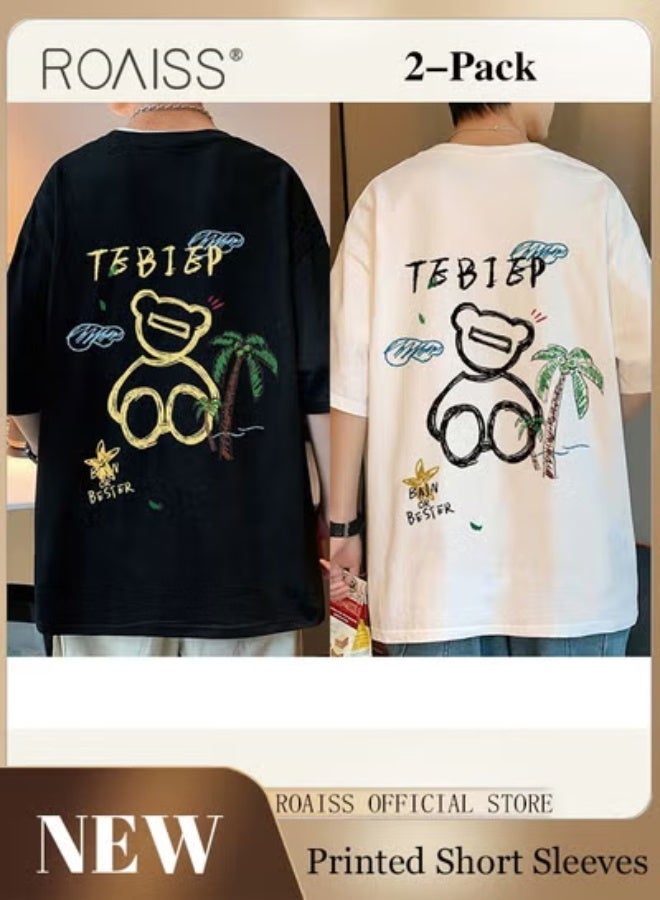 roaiss New Casuals Cartoon Bear T Shirts Simple Daliy Clothes Korean Fashion Oversized Short Sleeve Tops Couple Tees Summer - Image 1