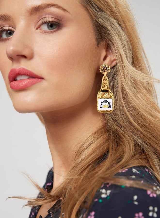 PHALIN Beaded Champagne Bottle Earrings for Women Handmade Bead Champagne Drop Dangle Earring Statement Earring Studs for Birthday Holiday Parties Gifts (Gold) - Image 2