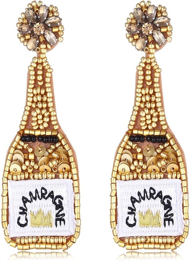 PHALIN Beaded Champagne Bottle Earrings for Women Handmade Bead Champagne Drop Dangle Earring Statement Earring Studs for Birthday Holiday Parties Gifts (Gold) - Image 1