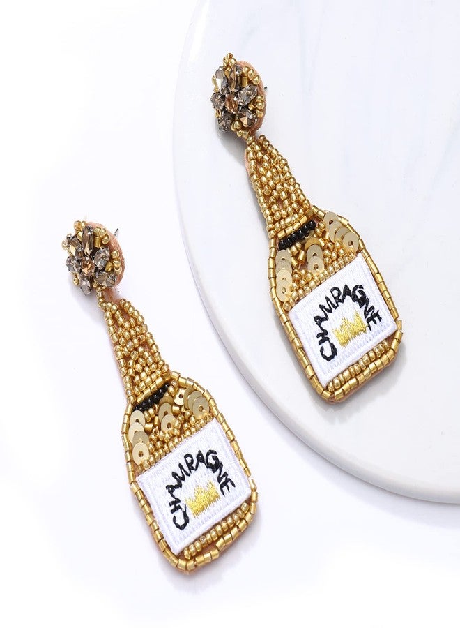 PHALIN Beaded Champagne Bottle Earrings for Women Handmade Bead Champagne Drop Dangle Earring Statement Earring Studs for Birthday Holiday Parties Gifts (Gold) - Image 5