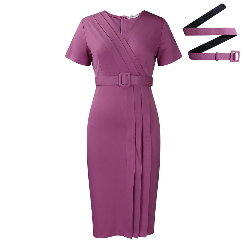 Summer 2024 V-Neck Waist-Cinched Solid Pencil Dress Lotus Root Starch Belt 
