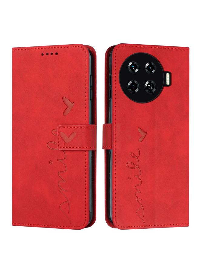 Green Tiger For Tecno Spark 20 Pro+ Skin Feel Heart Embossed Leather Phone Case with Long Lanyard(Red)