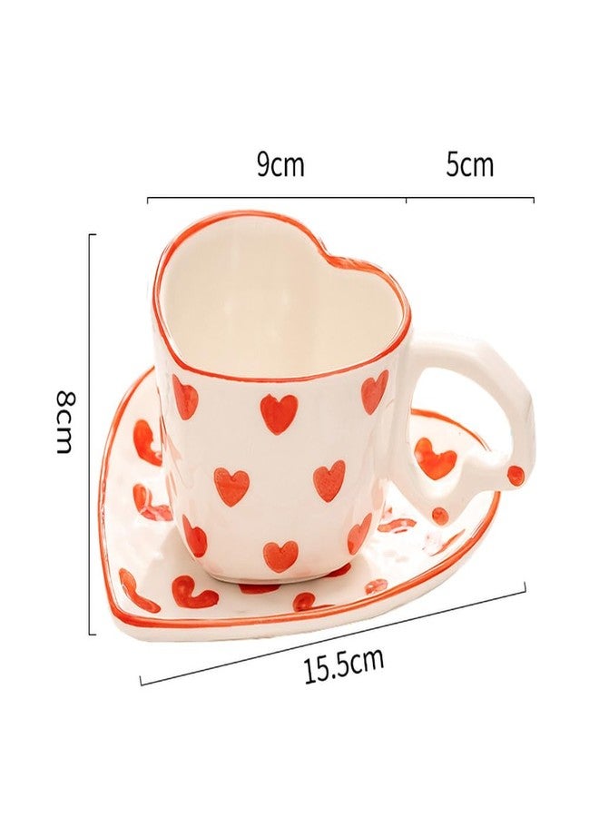 WAIT FLY Heart Shaped Ceramic Coffee Mug Set with Saucer, Tea Cup, Breakfast Cup, Dessert Plate-Red-8 OZ - Image 2