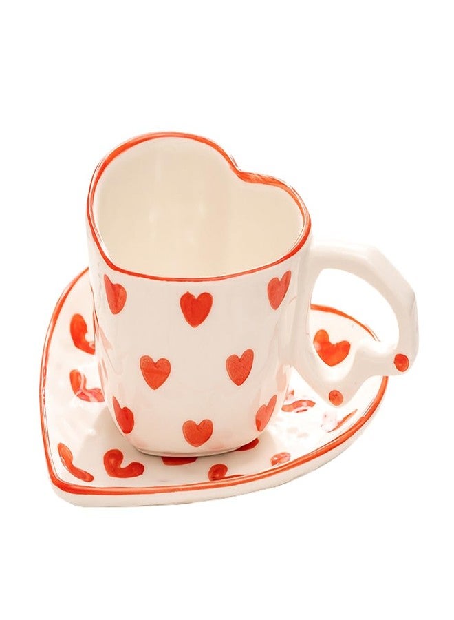 WAIT FLY Heart Shaped Ceramic Coffee Mug Set with Saucer, Tea Cup, Breakfast Cup, Dessert Plate-Red-8 OZ - Image 1