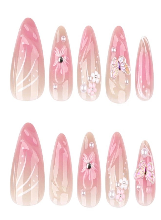 YoYoee 24-Piece Short Almond Press on Nails - 3D Daisy French False Nails | Gradient Fake Nails Pearl Nails Tips for Women Elegant & Durable Artificial Nails for Instant Manicure - Image 3