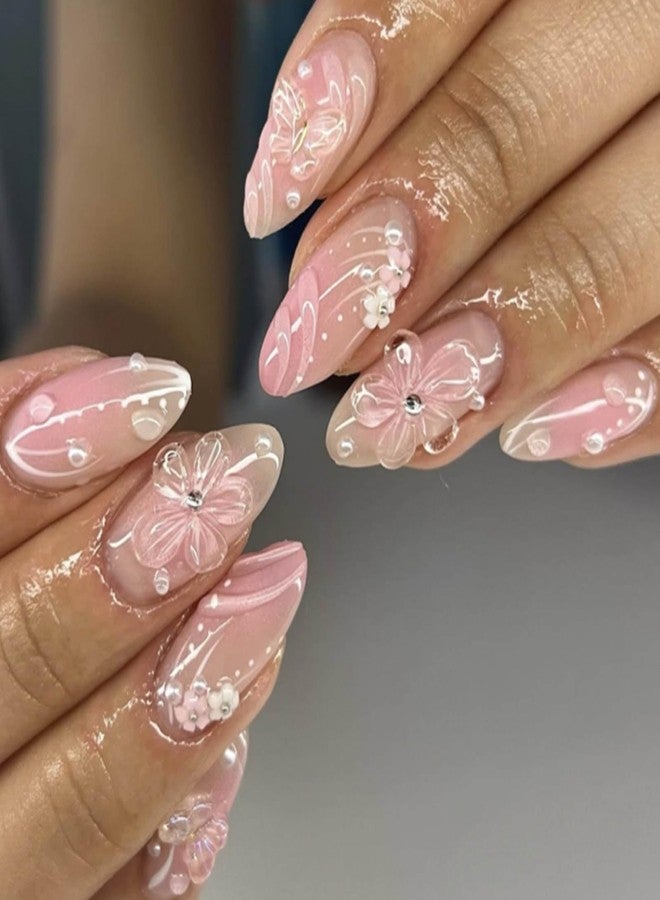 YoYoee 24-Piece Short Almond Press on Nails - 3D Daisy French False Nails | Gradient Fake Nails Pearl Nails Tips for Women Elegant & Durable Artificial Nails for Instant Manicure - Image 1