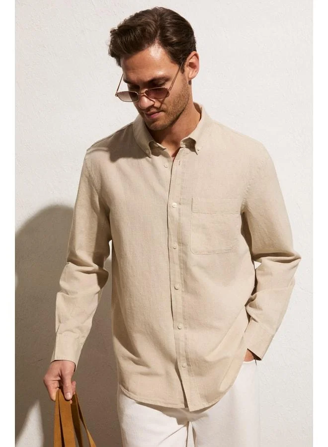 جريميلانج قميص رجالي ARLES بخليط كتان بأكمام طويلة وجيب واحد مقاس عادي بلون الحجر.