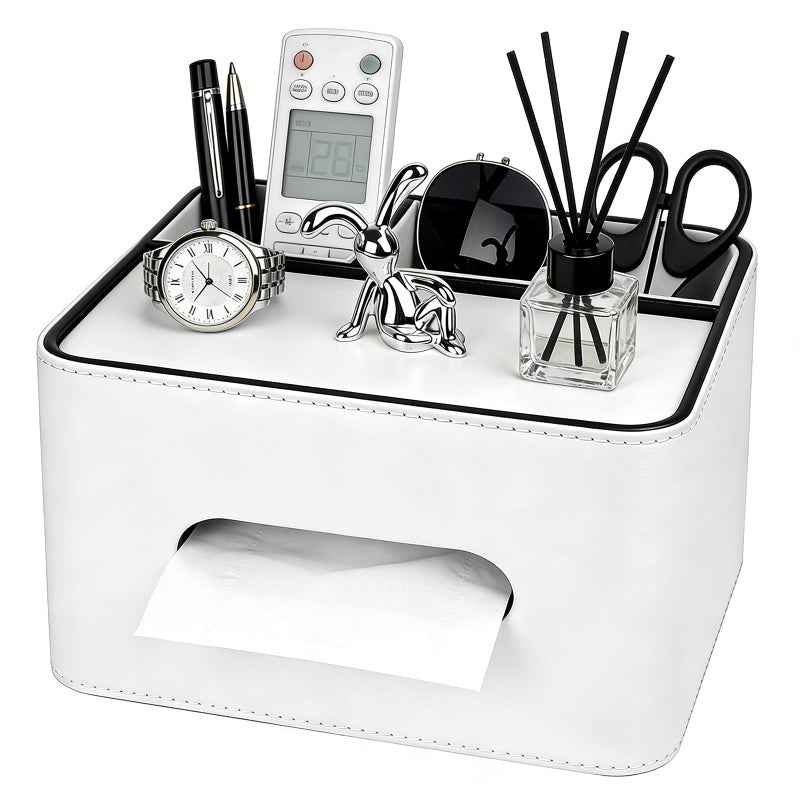Lixintray PU Leather Tissue Box Cover Square - Multifunctional Tissue Box Holder with Storage, Tissue and Remote Control Holder Organizer with Compartments for Bedroom Nightstand, Desk, Living Room (White) - Image 1