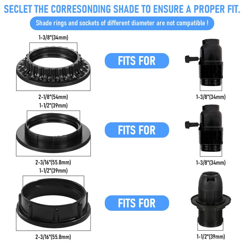 Quadafy 9 Pack Lamp Shade Rings - 3 Styles 2 Sizes (outer diameter 34mm 39mm 50mm) Black E26/E27 Socket Rings for Lamps, Threaded Reducers for Hanging Light Socket Shade Ring - 1-3/8" & 1-1/2" Inner Diameter - Image 2