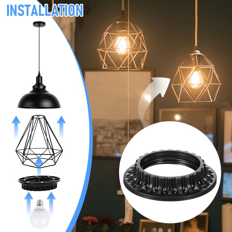 Quadafy 9 Pack Lamp Shade Rings - 3 Styles 2 Sizes (outer diameter 34mm 39mm 50mm) Black E26/E27 Socket Rings for Lamps, Threaded Reducers for Hanging Light Socket Shade Ring - 1-3/8" & 1-1/2" Inner Diameter - Image 5