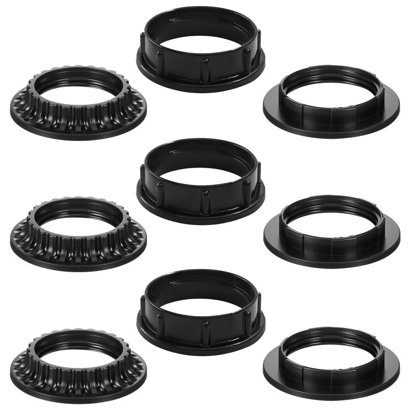 Quadafy 9 Pack Lamp Shade Rings - 3 Styles 2 Sizes (outer diameter 34mm 39mm 50mm) Black E26/E27 Socket Rings for Lamps, Threaded Reducers for Hanging Light Socket Shade Ring - 1-3/8" & 1-1/2" Inner Diameter - Image 1