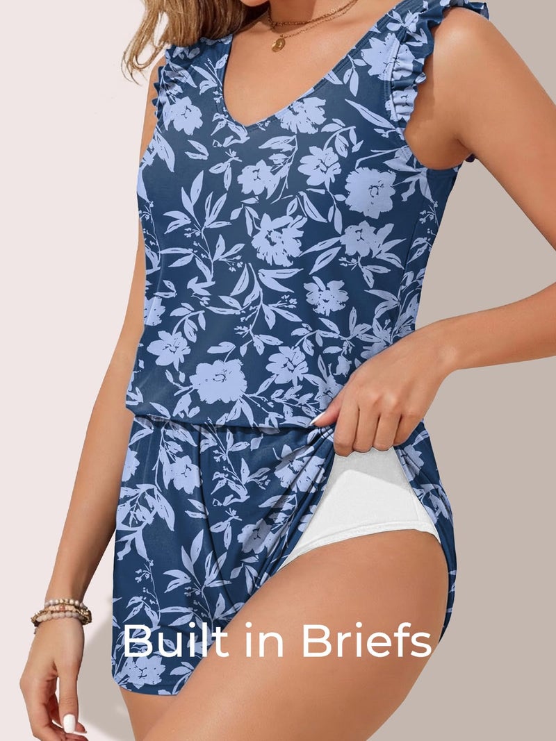 Summer Mae Ruffle Swim Romper One Piece Swimsuit Women Modest High-Back Bathing Suit with Pockets 2026 Swimwear Blue Branches Flowers 12 - Image 4