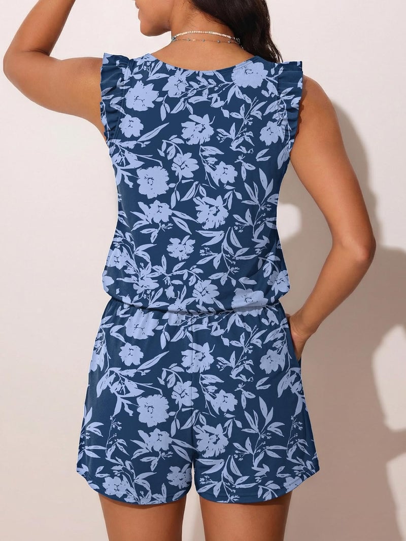Summer Mae Ruffle Swim Romper One Piece Swimsuit Women Modest High-Back Bathing Suit with Pockets 2026 Swimwear Blue Branches Flowers 12 - Image 2