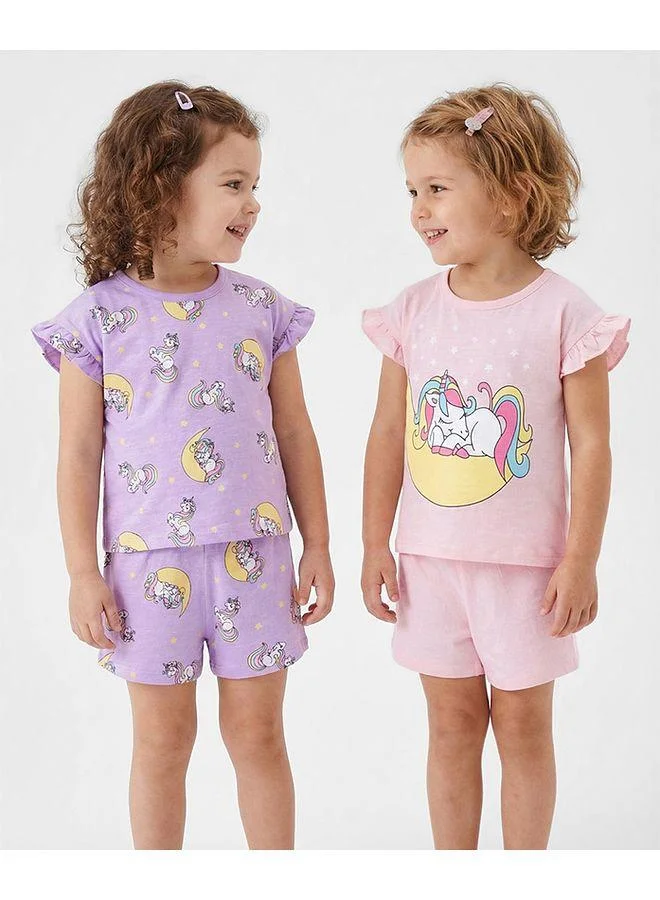 Bonfino Bonfino 100% Cotton Unicorn Printed Flutter Sleeves T-shirt Shorts Set (Pack Of 2) - Purple & Pink