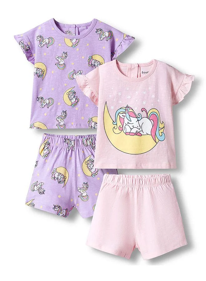 Bonfino Bonfino 100% Cotton Unicorn Printed Flutter Sleeves T-shirt Shorts Set (Pack Of 2) - Purple & Pink