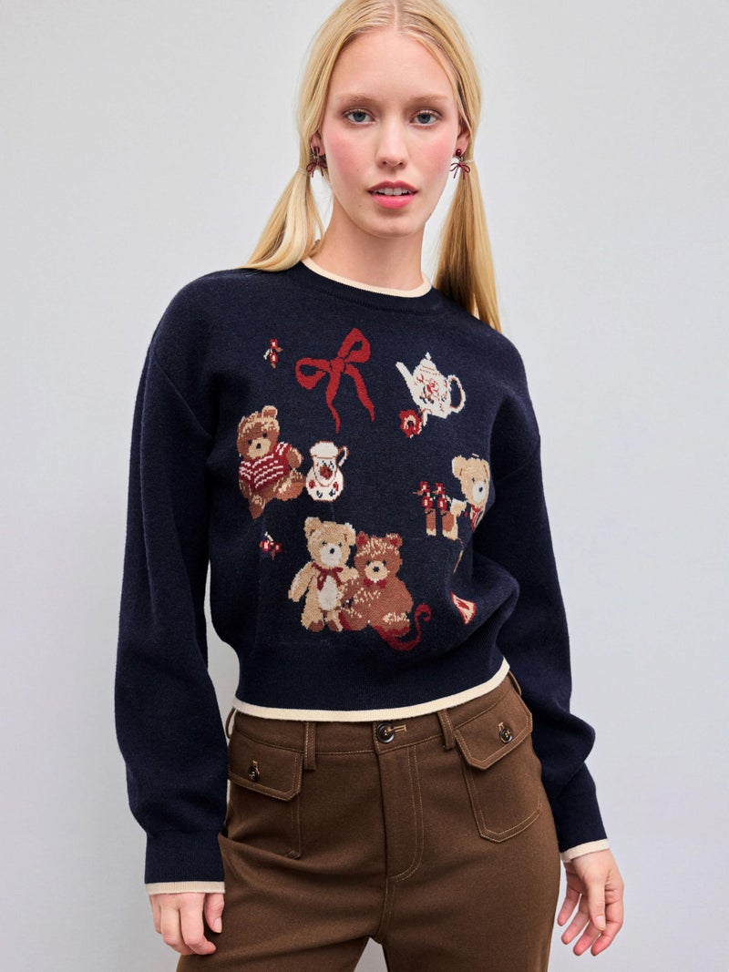CIDER Women's Fall Sweaters Cropped Long Sleeve Cute Sweaters Bear Graphic Crewneck Soft Knit Casual Pullover - Image 3