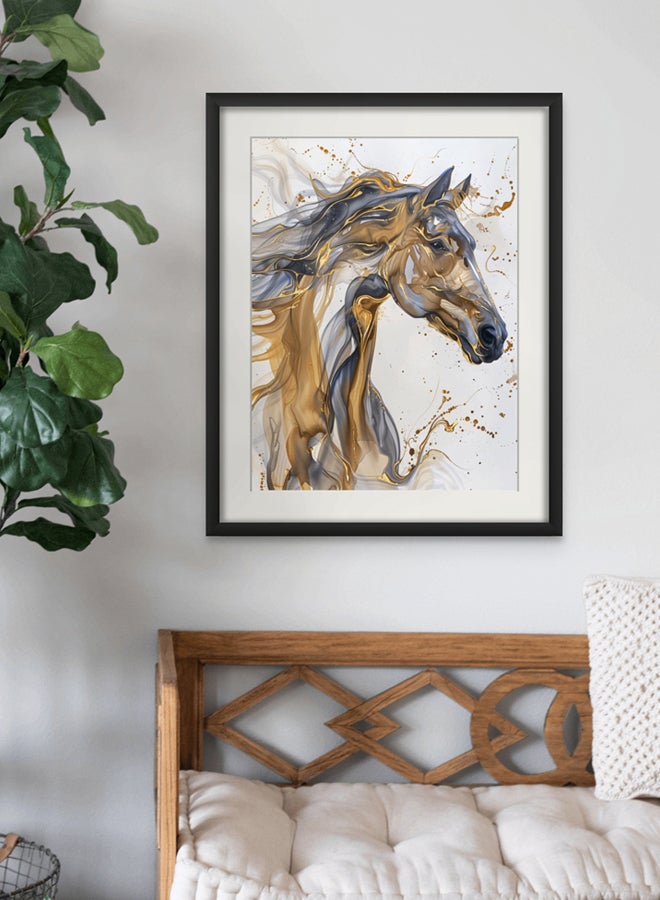 Art Decor Water Color Ink Style Horse Art with Gold and Black Accents with Matboard Framed Fine Art Wall Décor for Living Room Bedroom Dining Room Office Gifting - Image 2