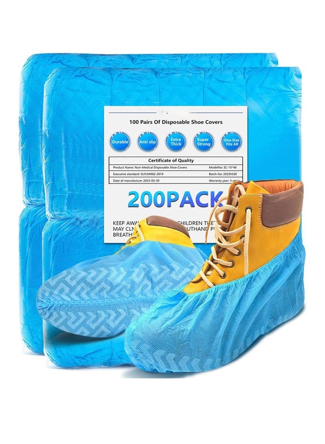 Bukela Shoe Covers Disposable 200 Pack (100 Pairs) , Durable, Non-Slip, Water Resistant, and Recyclable Boot Covers for Indoor and Outdoor Use - One Size Fits Most (Non-woven-Blue) - Image 1