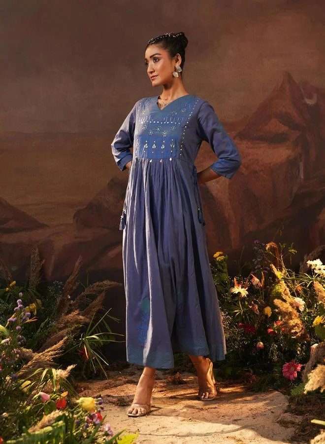 آي شين Women's Blue Cotton Embellished Maxi Pleated Flared Dress