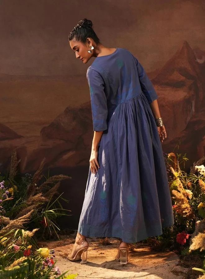 آي شين Women's Blue Cotton Embellished Maxi Pleated Flared Dress