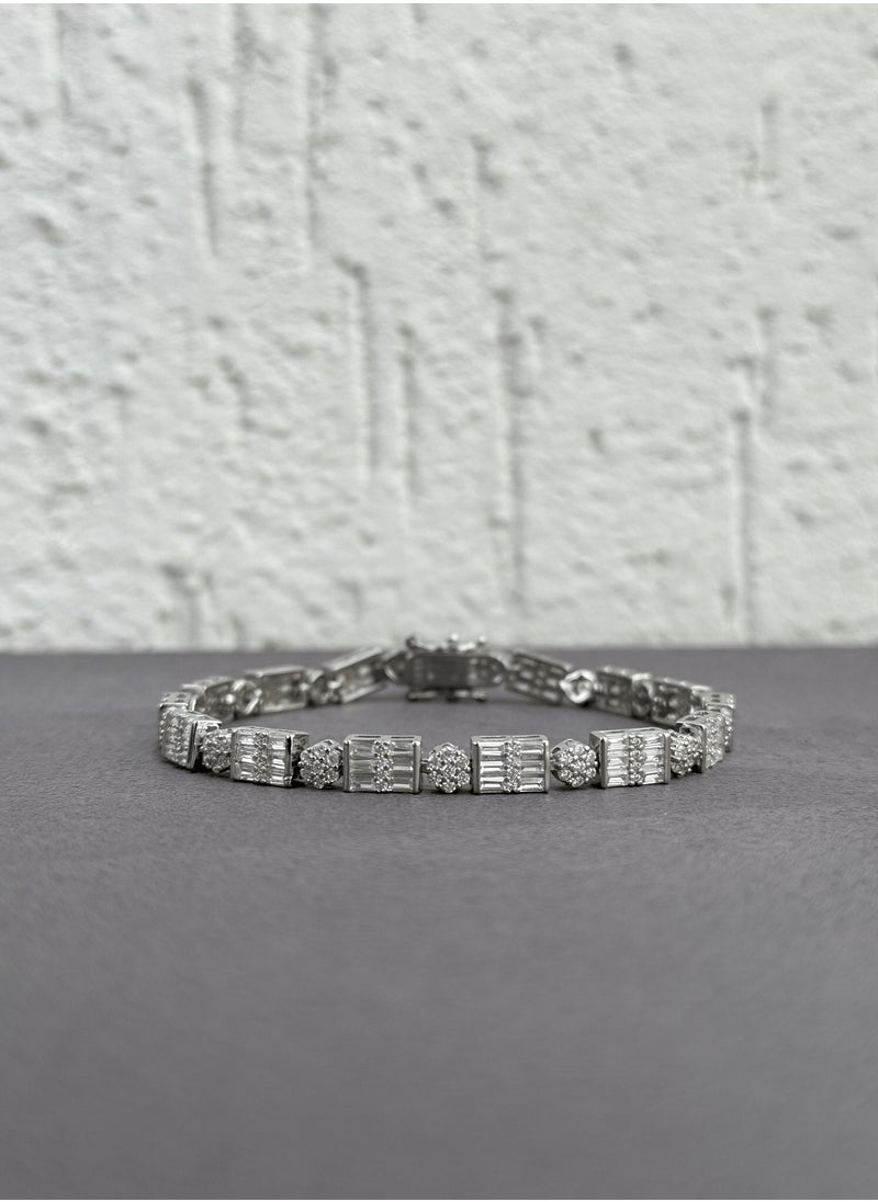 Al Kasr Jewelry Prismatic Beam Bracelet - Fixed Sterling Silver 925 with Zircon and Baguette Stones - Plated Rhodium White Gold 18K  - Image 1