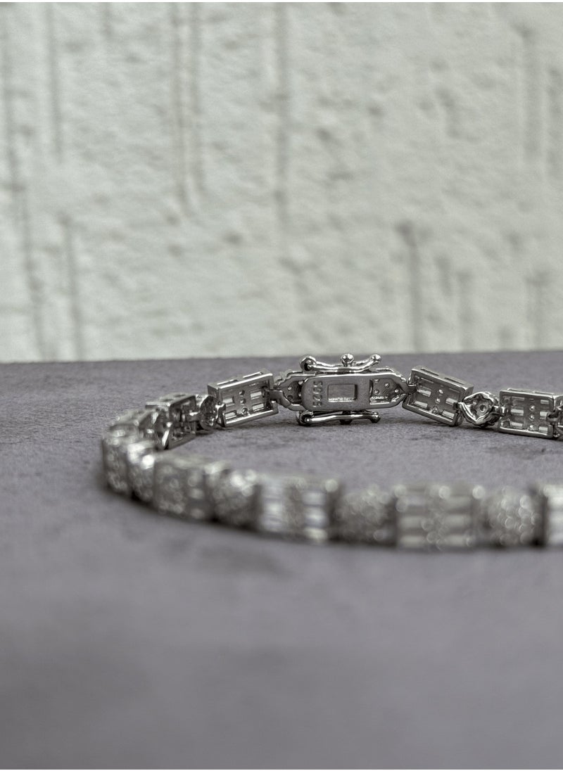 Al Kasr Jewelry Prismatic Beam Bracelet - Fixed Sterling Silver 925 with Zircon and Baguette Stones - Plated Rhodium White Gold 18K  - Image 5