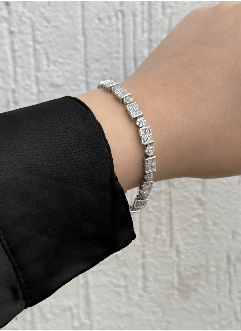 Al Kasr Jewelry Prismatic Beam Bracelet - Fixed Sterling Silver 925 with Zircon and Baguette Stones - Plated Rhodium White Gold 18K  - Image 2