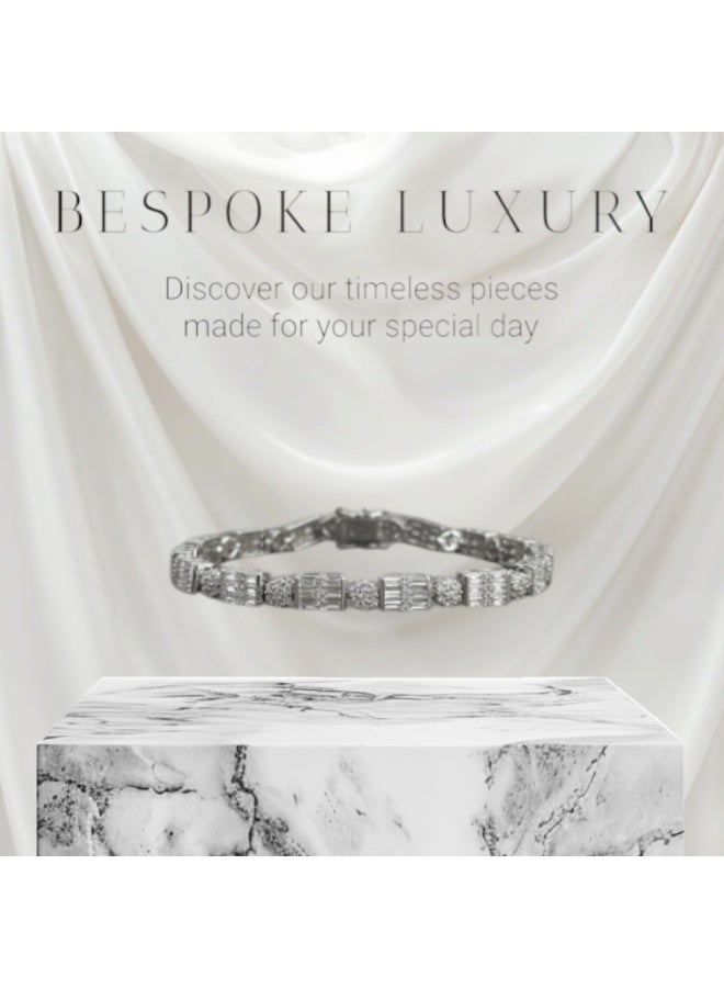 Al Kasr Jewelry Prismatic Beam Bracelet - Fixed Sterling Silver 925 with Zircon and Baguette Stones - Plated Rhodium White Gold 18K - Image 1