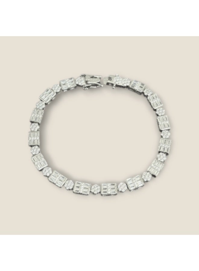 Al Kasr Jewelry Prismatic Beam Bracelet - Fixed Sterling Silver 925 with Zircon and Baguette Stones - Plated Rhodium White Gold 18K - Image 2