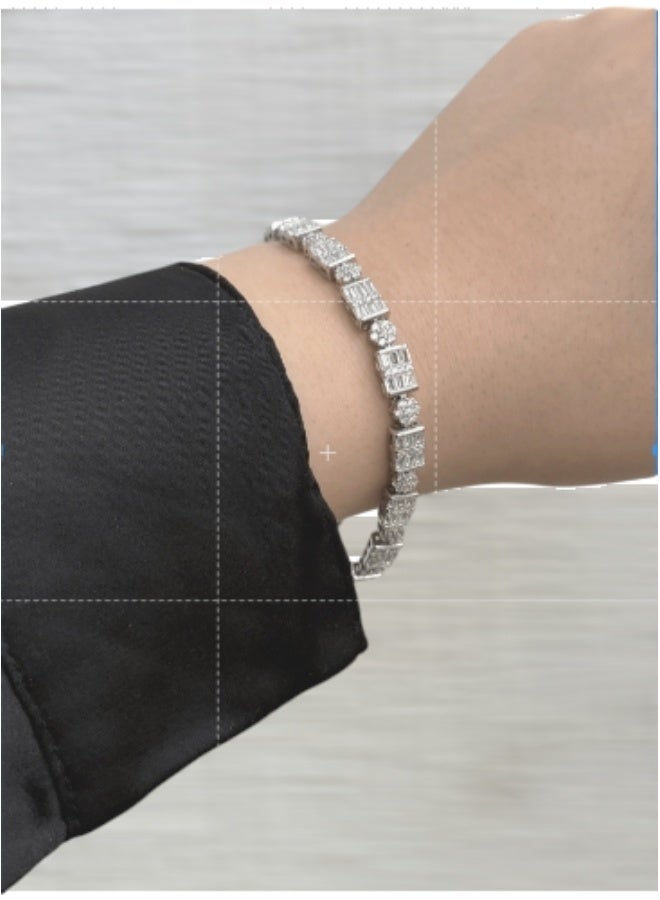 Al Kasr Jewelry Prismatic Beam Bracelet - Fixed Sterling Silver 925 with Zircon and Baguette Stones - Plated Rhodium White Gold 18K - Image 3