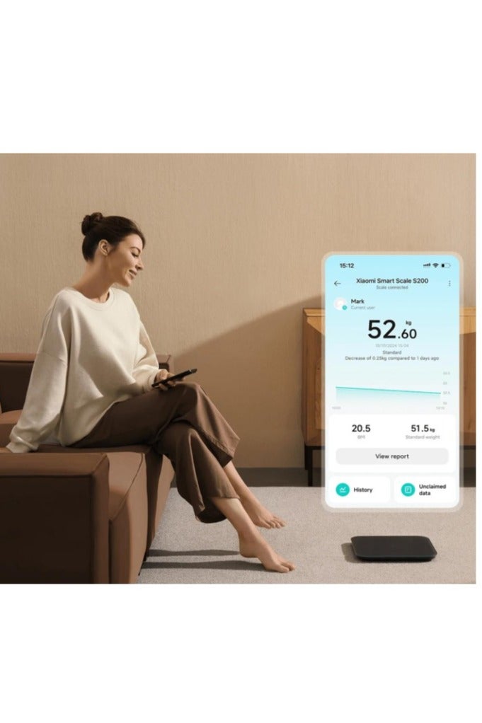 شاومي ميزان شاومي الذكي S200 – ميزان رقمي لقياس الوزن بدقة عالية مع مستشعرات دقيقة، شاشة LED، حساب مؤشر كتلة الجسم (BMI)، اختبار التوازن، وضع وزن الأشياء، بلوتوث 5.4، يدعم تعدد المستخدمين، سعة حتى 150 كجم – متوافق مع تطبيق Xiaomi Home  - Image 5