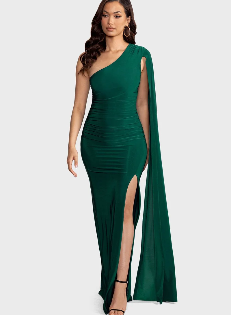 Club L London One Shoulder Flared Sleeve Side Slit Dress