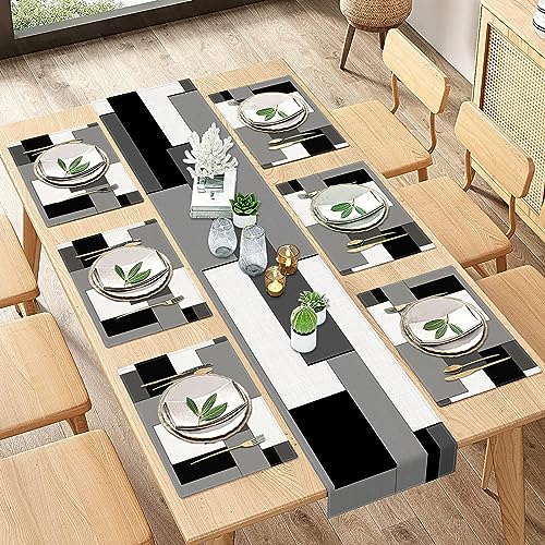 ArtSocket Geometric Table Runner and Placemats Set of 6, White Black Grey Abstract Painting Art Dining Decor for Daily Use(1 Table Runner 72 inches Long and 6 Placemats) - Image 1