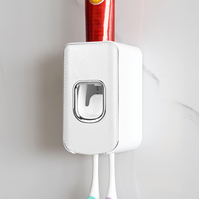 LUEXBOX 2 Slot Plastic Toothbrush Holder And Toothpaste Dispenser Wall Mounted  Automatic Toothpaste Squeezer  2 In 1 Tooth Brush Toothpaste Organizer For Shower (White) - Image 1
