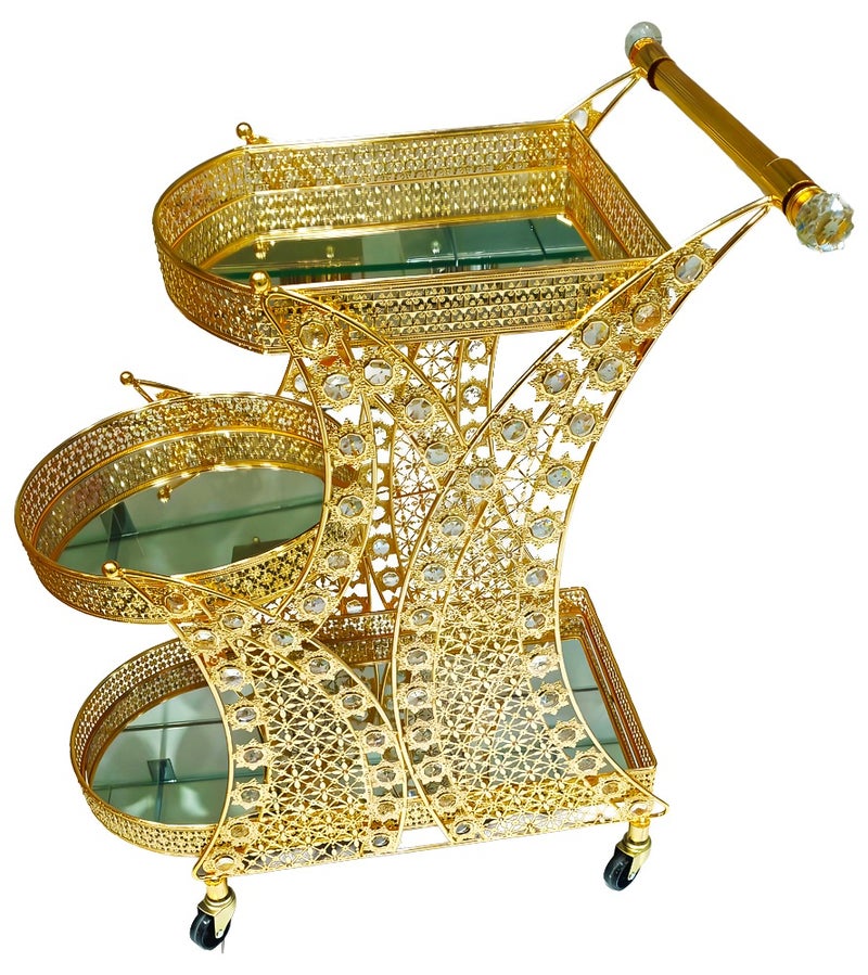 Luxury 3-Tier Gold Serving Cart with Glass Shelves and Crystal Accents | Rolling Beverage and Dessert Trolley with Wheels - Image 1