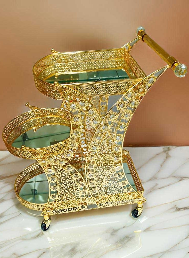 Luxury 3-Tier Gold Serving Cart with Glass Shelves and Crystal Accents | Rolling Beverage and Dessert Trolley with Wheels - Image 2