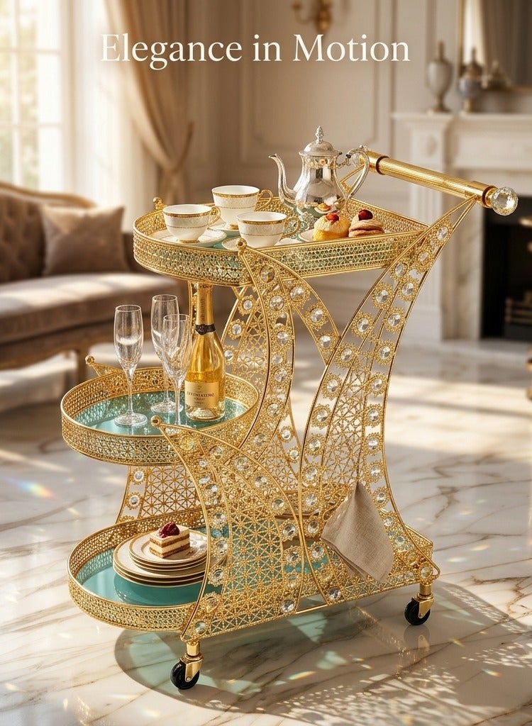 Luxury 3-Tier Gold Serving Cart with Glass Shelves and Crystal Accents | Rolling Beverage and Dessert Trolley with Wheels - Image 3