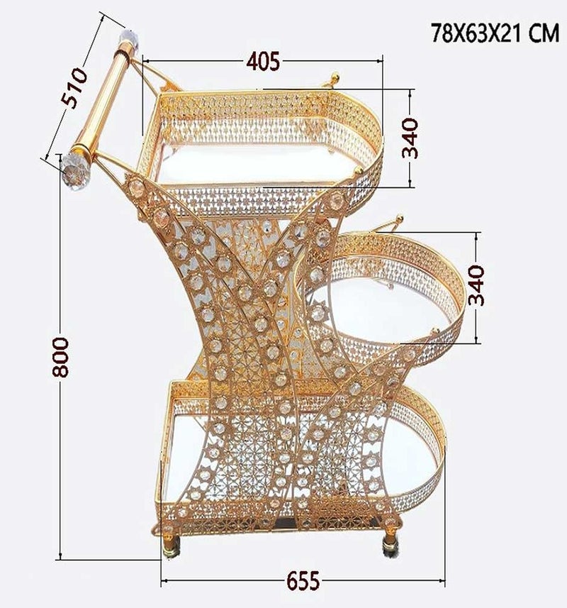 Luxury 3-Tier Gold Serving Cart with Glass Shelves and Crystal Accents | Rolling Beverage and Dessert Trolley with Wheels - Image 4