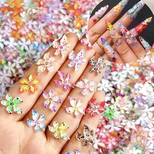 SHUXILIN Flower Nail Art Charms SHUXILIN 60PCS 3D Hawaii Flowers Nail Rhinestones Hibiscus Floral Nail Gems Colorful Flower Nail Diamonds Summer Nail Jewelry Tiny Flowers Nail Design for Women Nail Supplies - Image 1