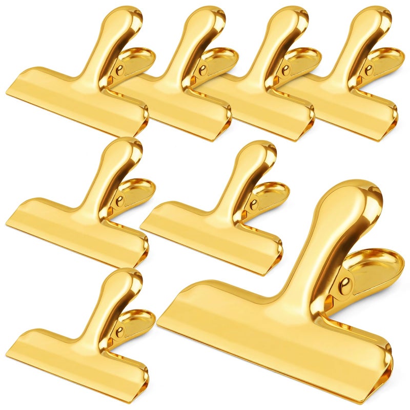 Funfery Gold Chip Clips Bag Clips Large Stainless Steel Clip for Food StorageAir Tight Seal Chip Bag Clip 3 Inch Strong Food Clipp for SnackChipsKitchen DecorHomeOffice Paper Heavy Duty8 Pack