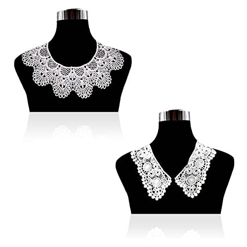 MAMUNU 2 Pieces White Lace Collar, Hollow Out Flower Lace Fabric Collar, Embroidered Applique Neckline for Women and Girls Sewing Supplies Crafts DIY Accessory - Image 1