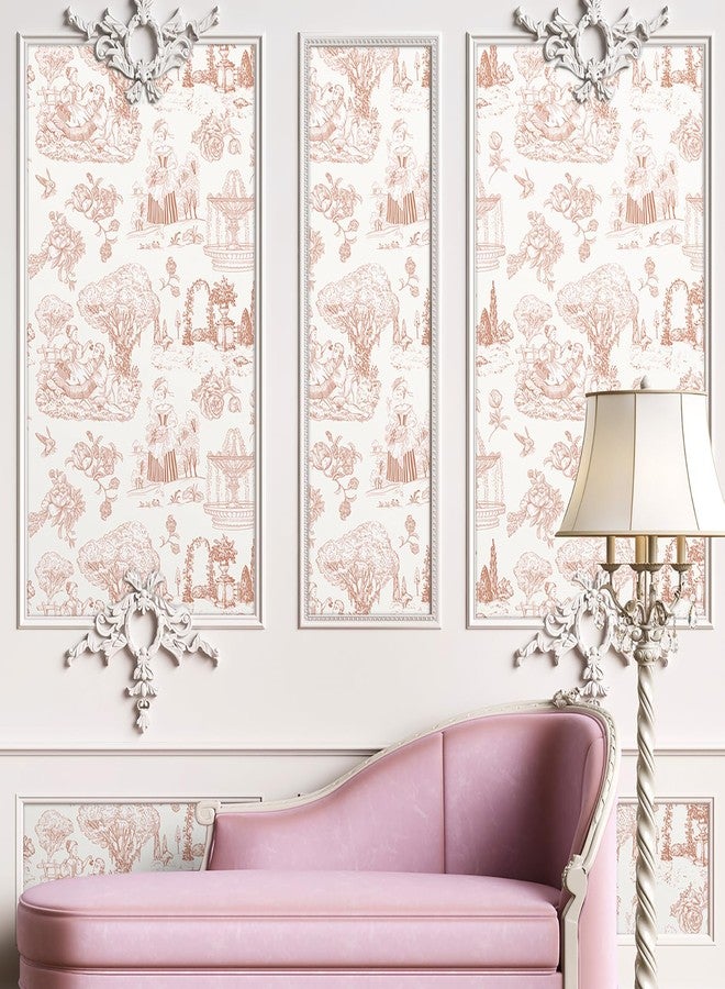 Livelynine Pink Toile Wallpaper Peel and Stick Vintage French Country Chateau Blush Pink Coquette Wall Paper for Bedroom Nursery Girls Room Light Pink Chinoiserie Removable Contact Paper 17.5x78.8 - Image 4